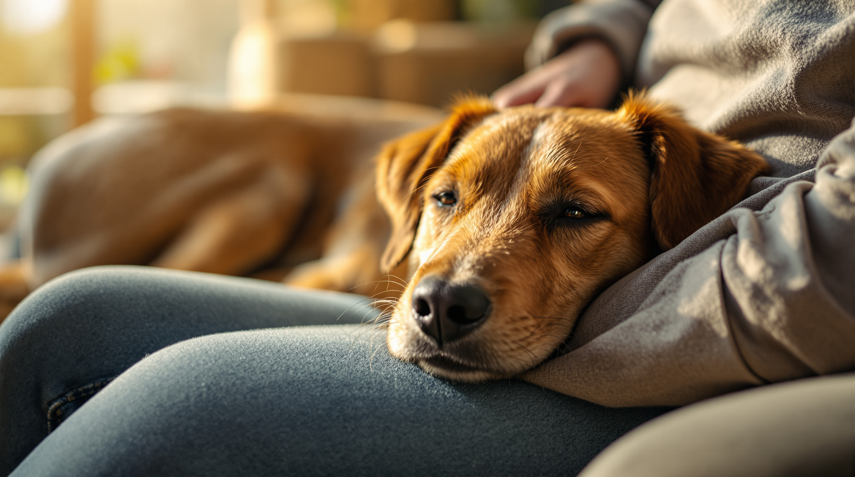 A content dog resting its head on a person's lap in a warm home setting