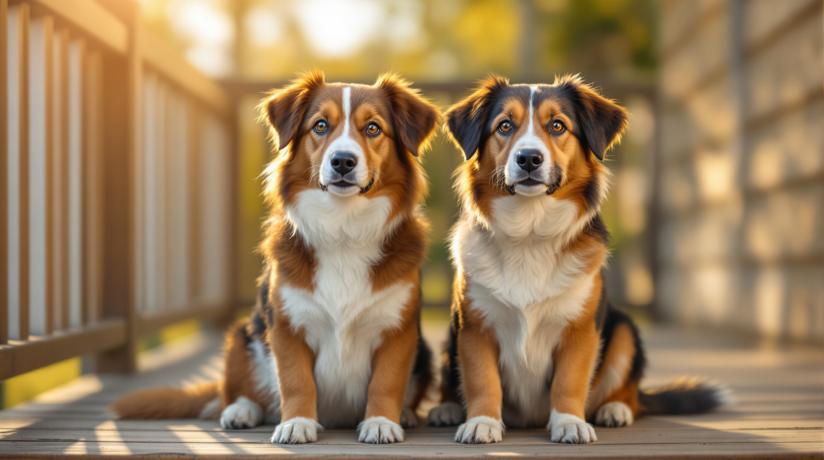 Two dogs sitting attentively beside each other in soft natural light