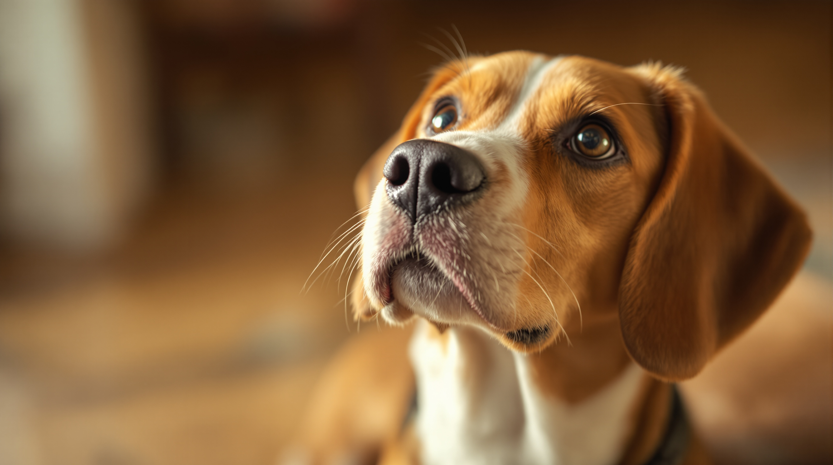 A thoughtful senior dog looking up at the camera in soft natural light