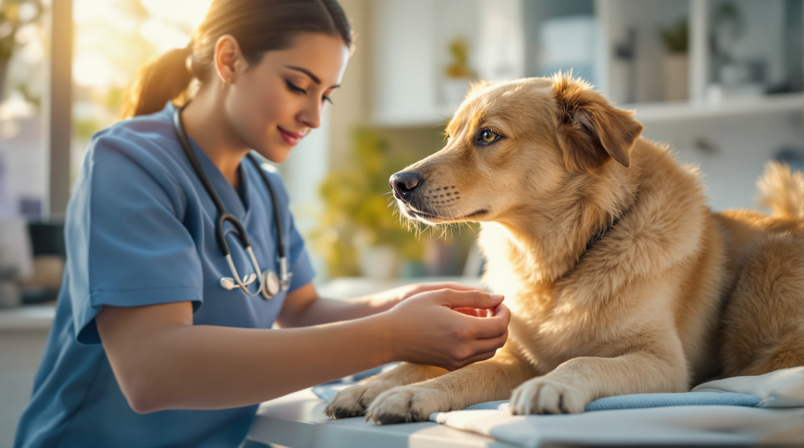 A gentle veterinarian examining a calm dog on an examination table