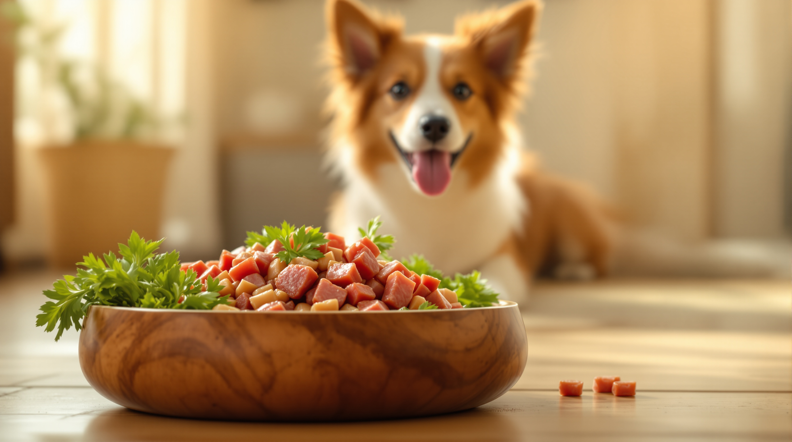 A healthy bowl of balanced dog food beside a happy waiting dog