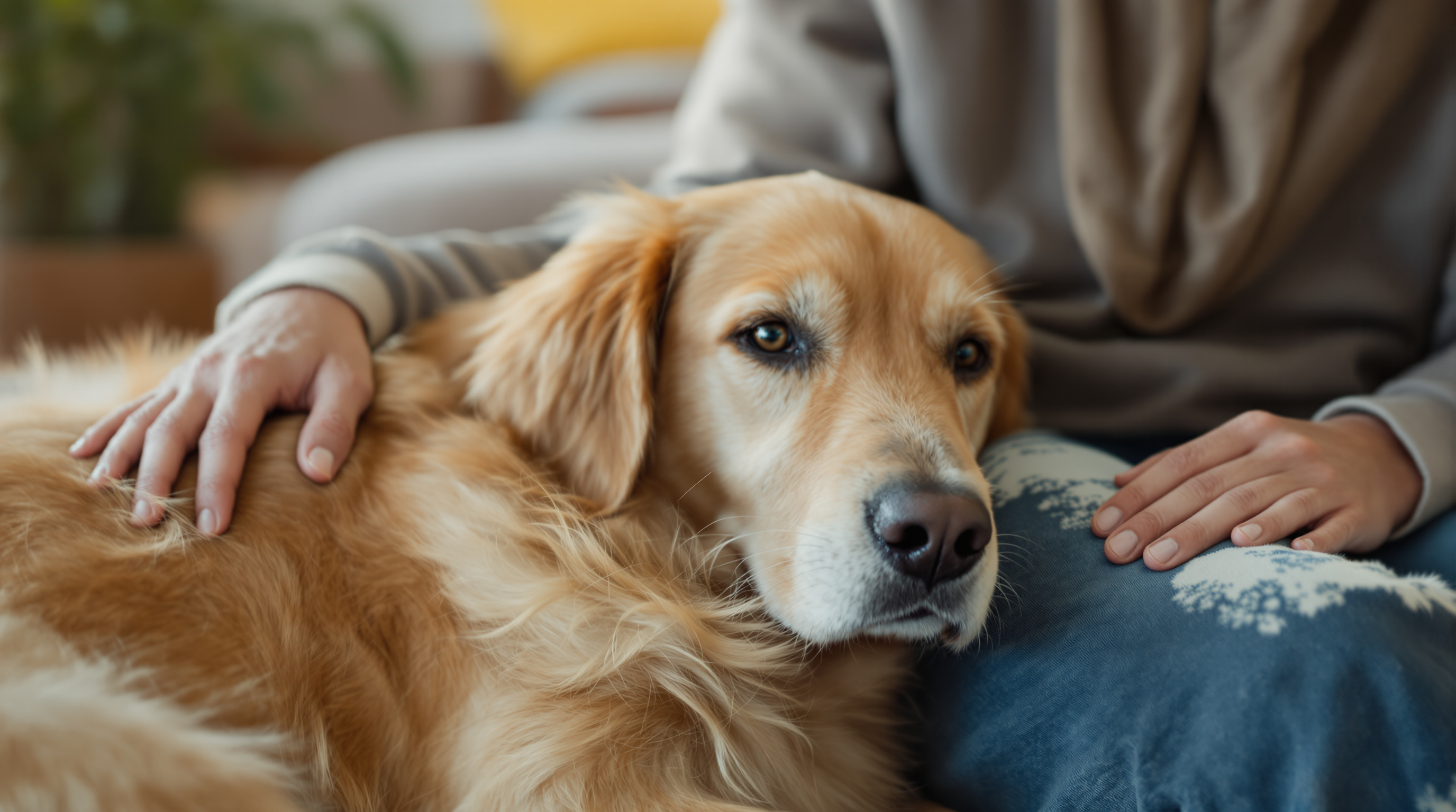 An older golden retriever resting calmly beside its owner in warm afternoon light