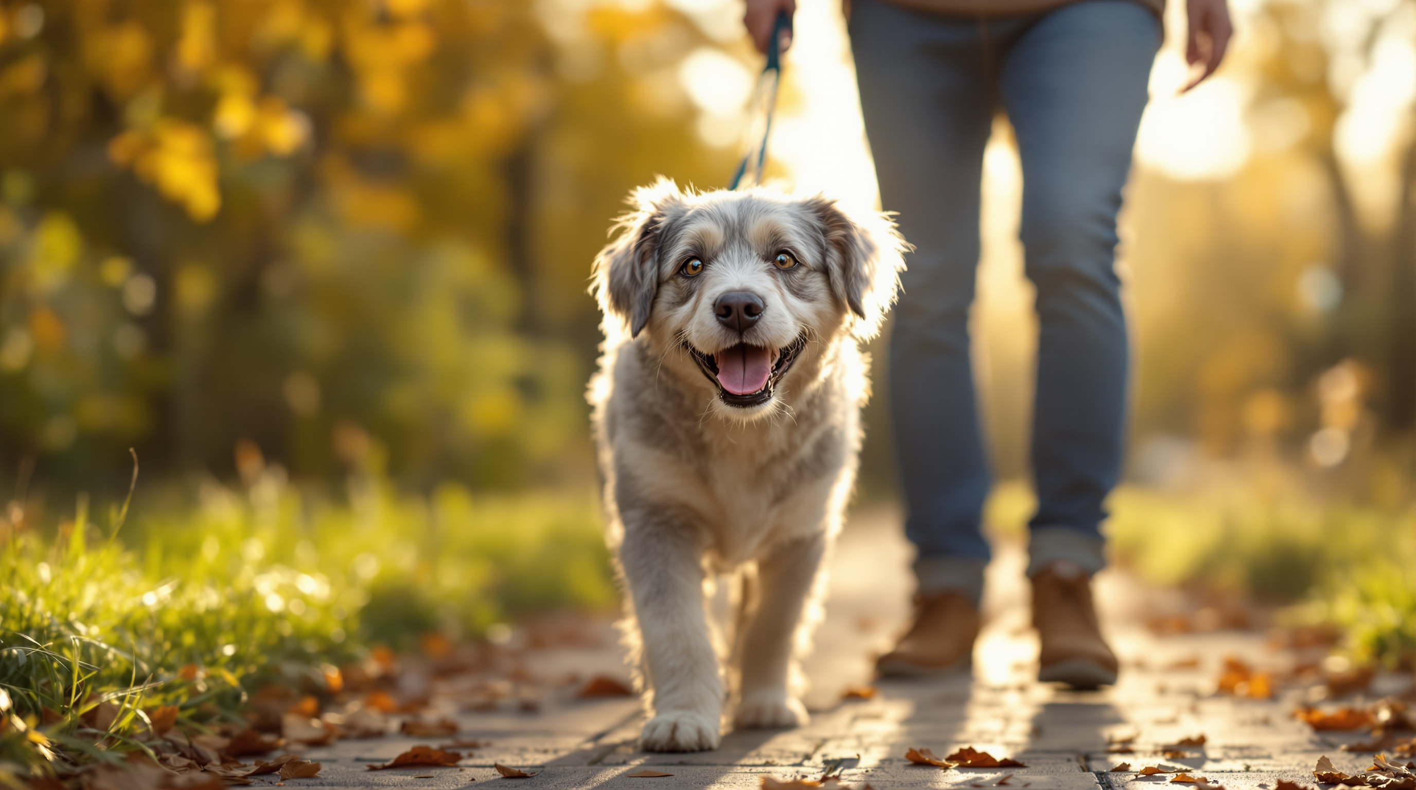 A joyful senior dog walking outdoors on a sunny path with its owner