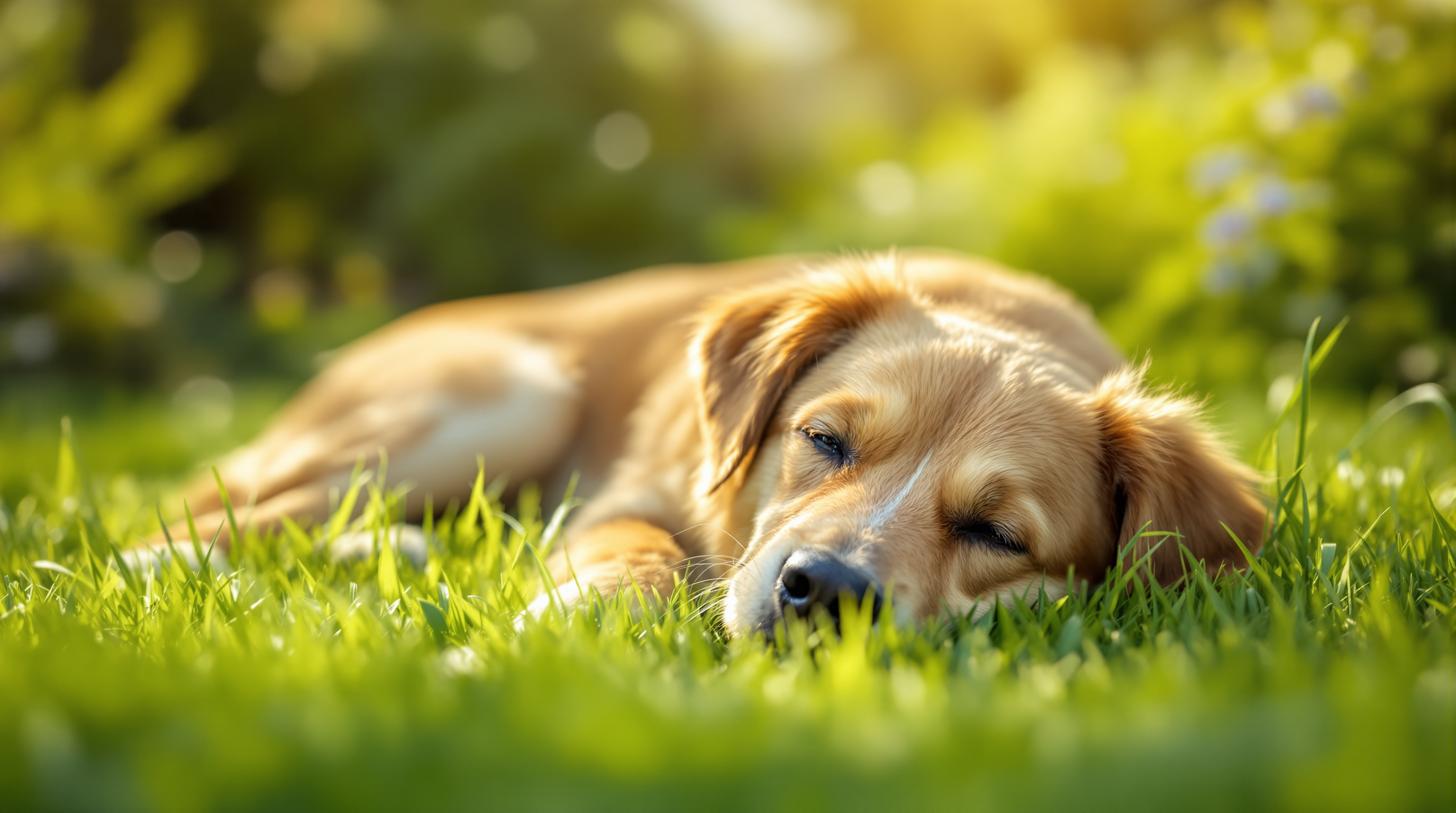 A calm dog resting peacefully in a garden surrounded by greenery
