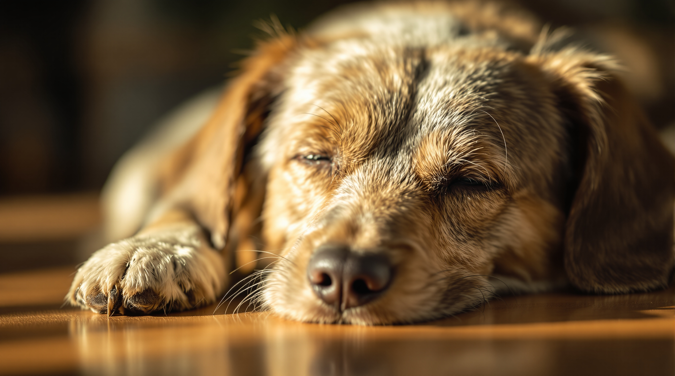 A gentle portrait of an ageing dog resting in warm indoor light