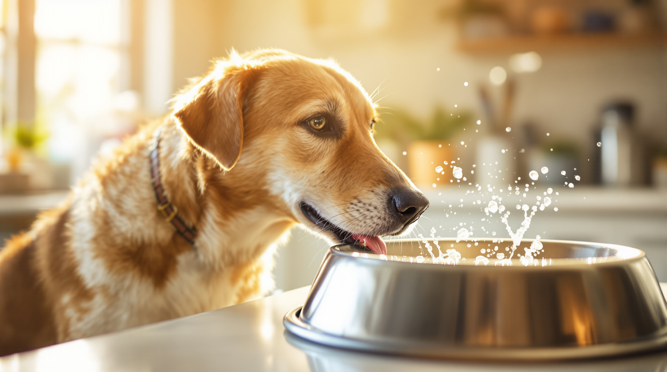 A senior dog drinking eagerly from a large water bowl in a sunlit kitchen