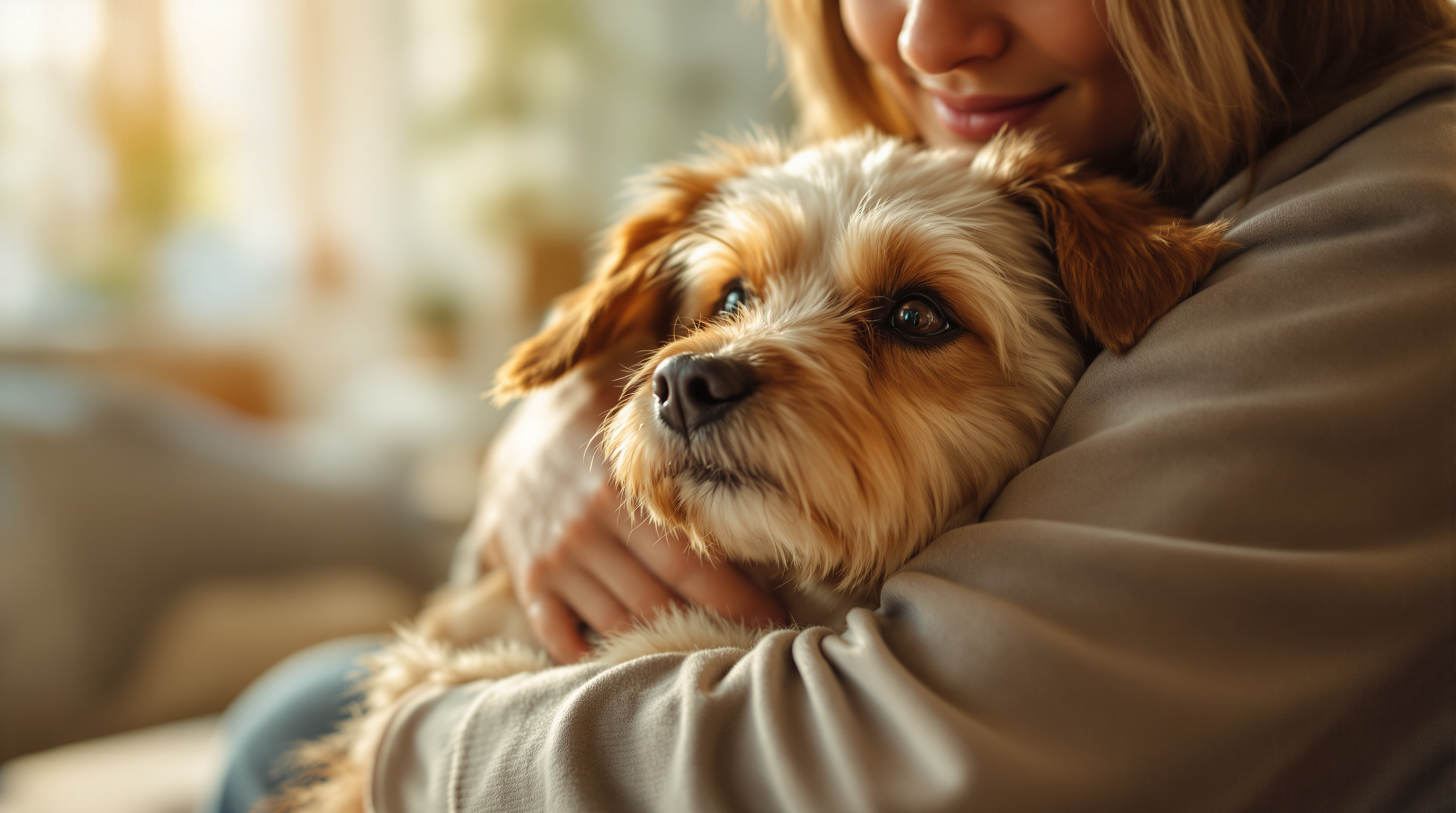 An owner gently holding and comforting a content senior dog at home